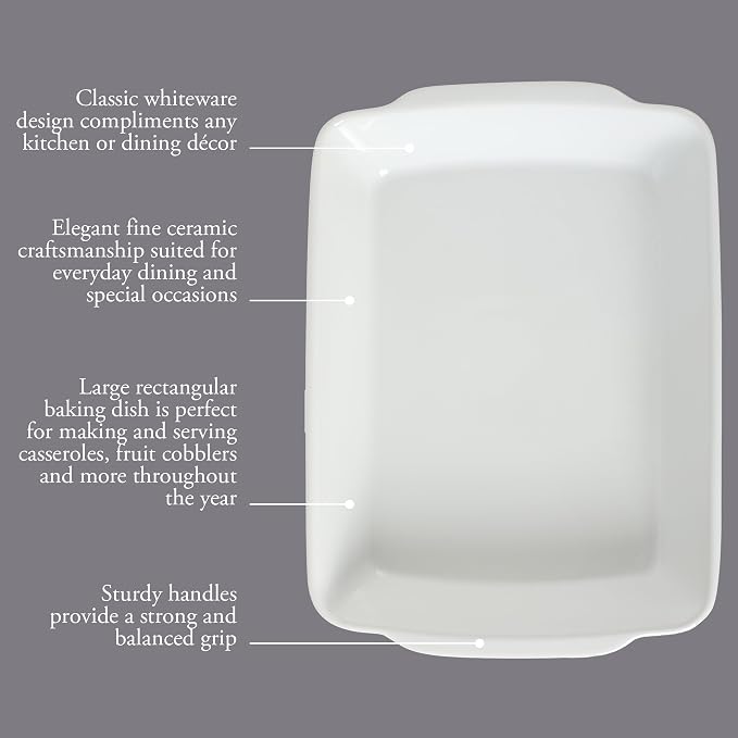 Gibson Home Gracious Dining 2.6-Qt White Stoneware Covered Baking Dish w/Multi-Purpose Lid – 12.7" x 9" Rectangular Oven Safe Casserole, Lasagna & Roasting Baker, Lid Doubles as Serveware or Trivet