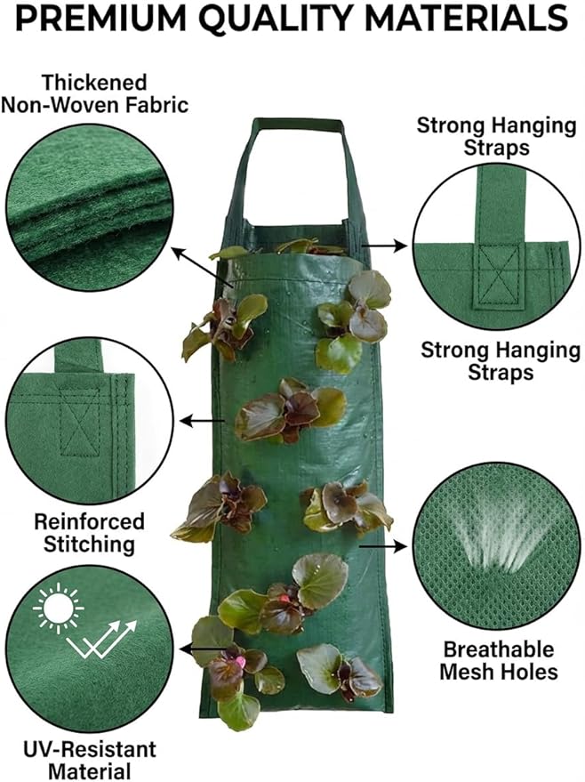 Hanging Strawberry Planter, 3 Pack Breathable Felt Grow Bags with 8 Side Pockets & Reinforced Handles, Upside-Down Patio Garden Container for Tomato, Vegetable, Flower, Outdoor Indoor Planting