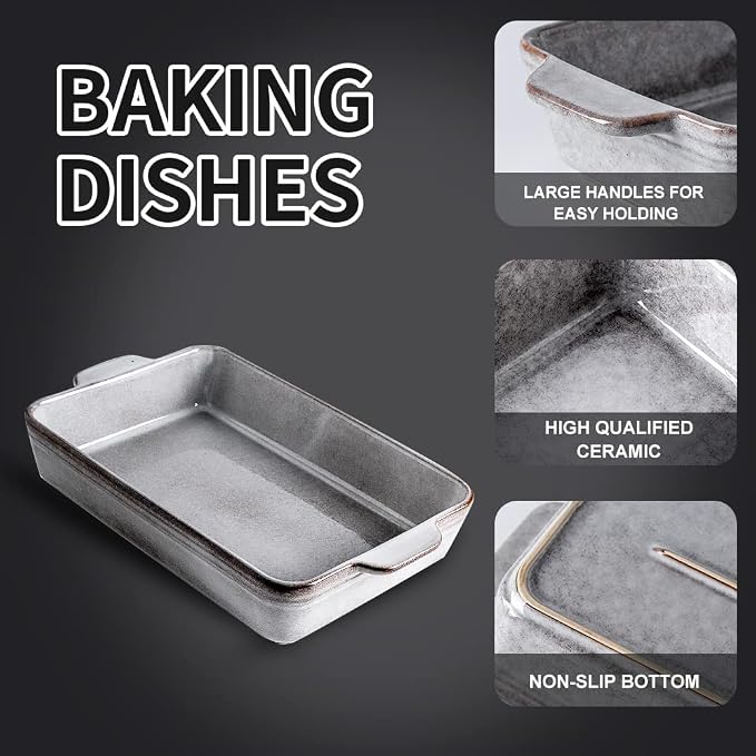 KOOV Bakeware Set, Ceramic Baking Dish Set, Rectangular Casserole Dish Set, Lasagna Pan, Baking Pans Set for Cooking, Cake Dinner, Kitchen, 9 x 13 Inches, Reactive Glaze 3-Piece, Variable Grey