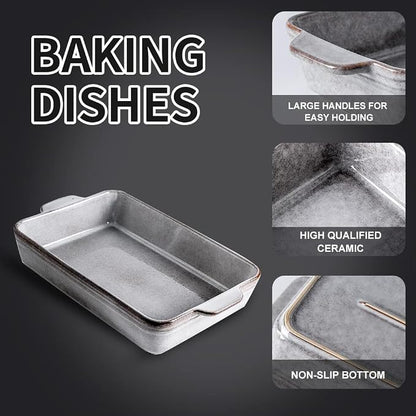 KOOV Bakeware Set, Ceramic Baking Dish Set, Rectangular Casserole Dish Set, Lasagna Pan, Baking Pans Set for Cooking, Cake Dinner, Kitchen, 9 x 13 Inches, Reactive Glaze 3-Piece, Variable Grey