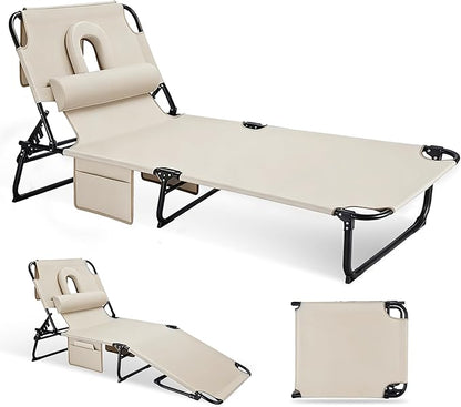 3-in-1 Sun Tanning Chair with Face Holes, Folding Chaise Lounge Chairs, 5-Position Adjustable Lounge Chair Outdoor with 2 Side Pocket & Pillow, for Pool Beach, Patio, Camping, Beige