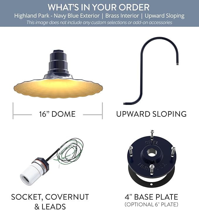Steel Lighting Co. Highland Park Barn Light | Outdoor Wall Mounted | 16 inch Radial Wave | Upward Sloping Gooseneck | Vintage Style Made in America | Navy Blue Exterior/Brass Interior