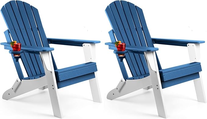FUNBERRY Folding Adirondack Chair Set of 2, Blue & White All Weather HDPE Fire Pit Chairs with Cup Holder for Outdoor