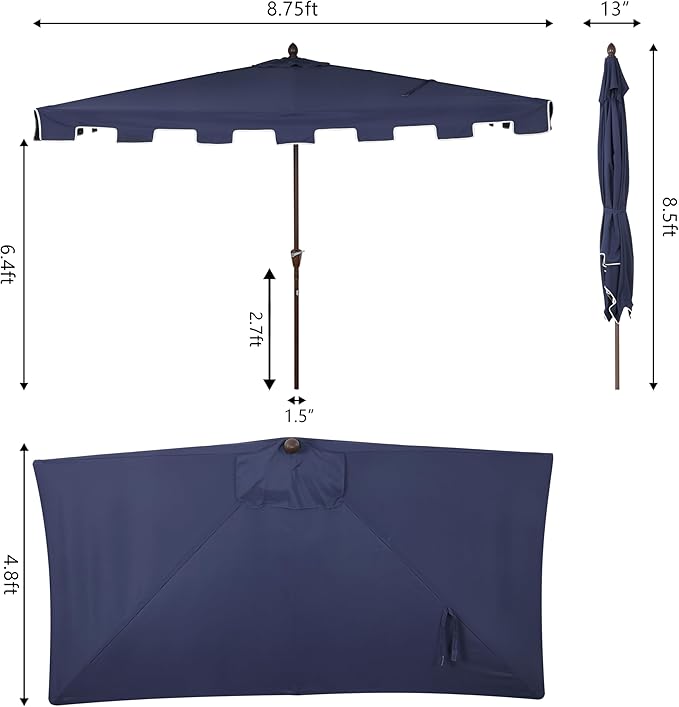 JONATHAN Y Half Umbrella UMB1200C Sidney 9 ft. Classic MidCentury Rectangular Market Patio with Crank, Wind Vent and UV Protection in Navy/White