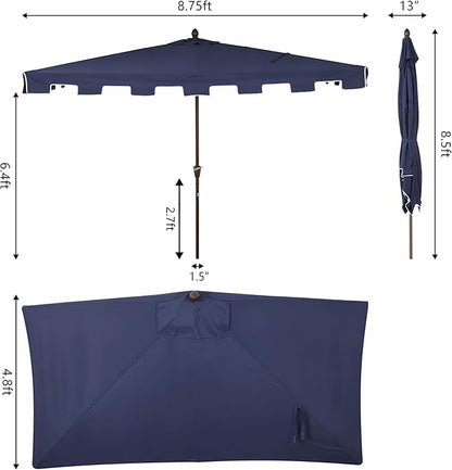 JONATHAN Y Half Umbrella UMB1200C Sidney 9 ft. Classic MidCentury Rectangular Market Patio with Crank, Wind Vent and UV Protection in Navy/White