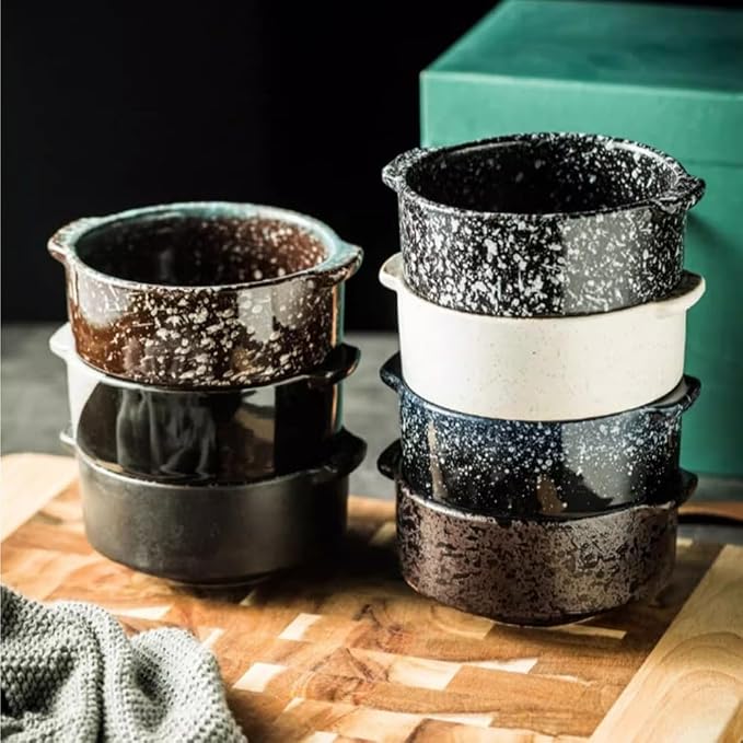 Ceramic Soup Bowls with Handles, Set of 4, 10oz, Microwave & Oven Safe, Soup Crocks for French Onion Soup, Chili, Pasta (Sesame gold, 5 Inch)