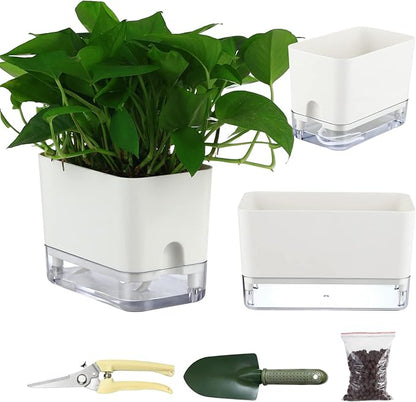 Planterhoma Self Watering Plant Pots for Indoor Plants 7/10 inch, 2 Packs Rectangle Self-Watering Planters with Drainage Hole, White African Violet Pots for Devil's Ivy, Spider Plant, Orchid, Herb