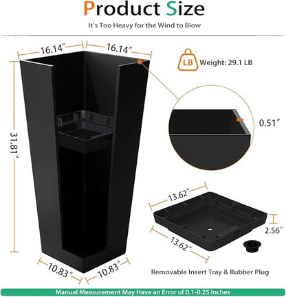 Tall Planters for Outdoor Plants, Large Resin Flower Pots for Garden, Front Porch, Patio, Indoor - Set of 2 (Black, 32 inch - 2 Pack)