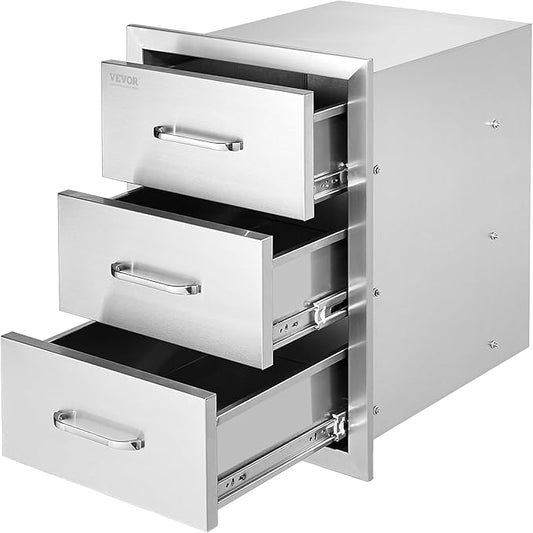 VEVOR Outdoor Kitchen Drawer Cabinets 16" W x 21.5" H x 18" D, BBQ Drawer Stainless Steel, Flush Mount Triple Access, with Handle, BBQ Island, Outdoor Grill Patio Grill Station