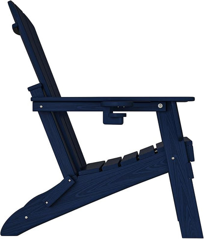 Plawdlik Folding Adirondack Chair, SGS Tested, Wooden Textured with Cup Holder, Heavy All-Weather HDPE Comfortable Set Poolside Backyard Lawn Navy Blue Set 4