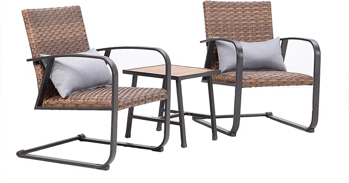 Naga Bahna 3-Piece Outdoor Wicker Patio Conversation Bistro Set, All-Weather Rattan Patio Furniture Set with Table & Pillows, Metal Frame Outdoor Sectional Sofa for Patio, Balcony, Backyard
