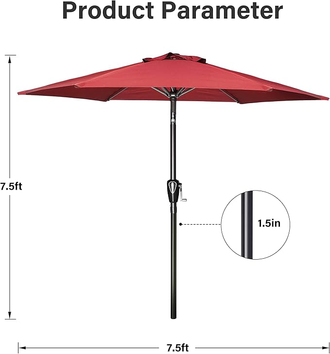 Simple Deluxe 7.5' Patio Umbrella with 20 Inch 50lbs Capacity Fillable Round Base, 6 Sturdy Ribs with Push Button Tilt/Crank for Garden, Deck, Backyard, Pool, Red and Black
