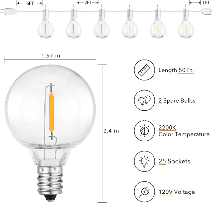 Brightown Outdoor String Lights - 50 Ft Waterproof Connectable Commercial LED Patio Lights with 25 G40 Globe Bulbs, All Weatherproof Hanging Globe Light for Outside Backyard Porch Party Decoration