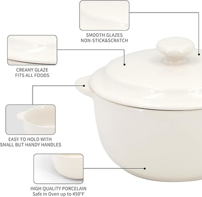 4-Pack Ceramic Mini Cocotte Set, 10 Oz Stoneware Casserole Dishes with Handles & Lids, Oven-Safe Ramekins for Soufflé, Soup, Cobbler & Baking, Individual Serving Bakeware, Off White