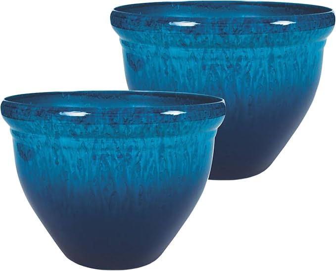 The HC Companies 9 Inch Pizzazz Round Planter Pots with Ceramic Look, Lightweight UV-Resistant Plastic Indoor & Outdoor Planters, 2-Pack Flower Pots for Garden & Home Decor, Admiral Blue