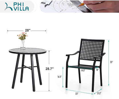 PHI VILLA 3 Pieces Outdoor Bistro Set for 2, Round Slatted Metal Steel Side Table & Stacking Wrought Iron Chairs with Cushions, Small Conversation Furniture Set for Patio Porch, Deck, Balcony