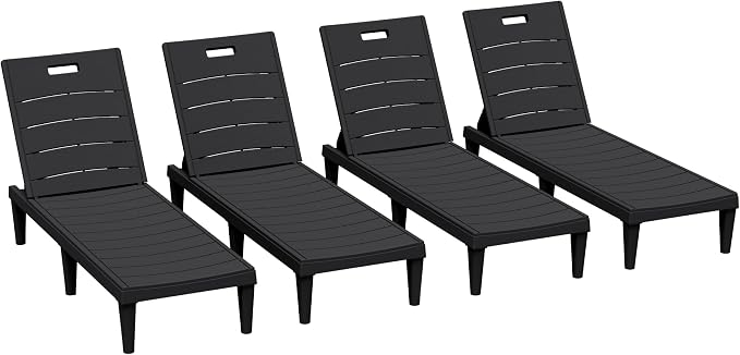 Greesum Outdoor Chaise Lounge Chairs, Set of 4 with 5-Position Adjustable Backrest, Waterproof PP Sun Chaise Loungers for Pool, Beach, Patio, Deck and Sunbathing, Black