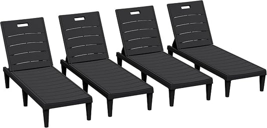 Greesum Outdoor Chaise Lounge Chairs, Set of 4 with 5-Position Adjustable Backrest, Waterproof PP Sun Chaise Loungers for Pool, Beach, Patio, Deck and Sunbathing, Black
