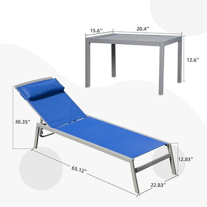 Domi Patio 3 Pieces Aluminum Textilene Chaise Lounge Set with Side Table Outdoor, Adjustable Back and Pillow for Yard Garden Sunbathing for All Seasons Blue