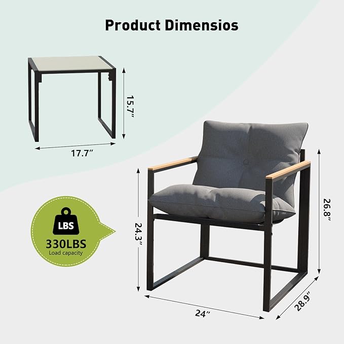 Patio Furniture Set, 3 Piece Bistro Patio Sets, Small Bistro Set, Small Balcony Furniture (Gray)