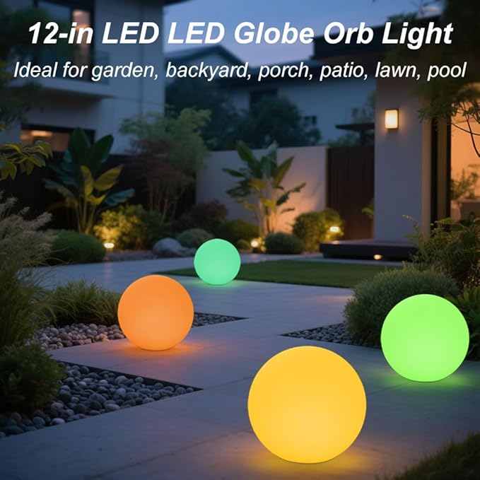 12-inch LED Glowing Ball Light w/Remote, LED Globe Orb Night Light Mood Lamp for Adult, Rechargeable Dimmable RGB Color Changing Glowing Orb, Waterproof Light Up Ball for Garden Patio Party Decor
