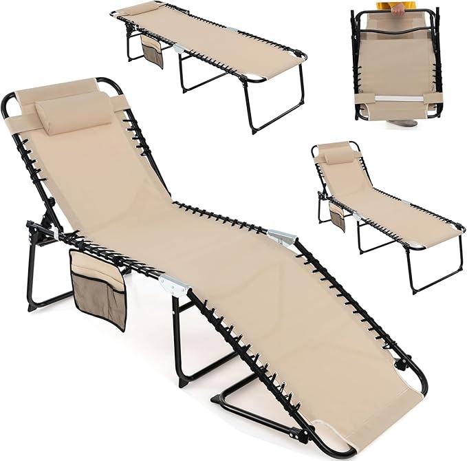 Giantex Patio Lounge Chairs for Outside - Folding Tanning Chair w/Headrest, 4 Adjustable Positions, Side Pocket, Outdoor Chaise Lounge for Camping, Pool, Sunbathing Beach Chair, Beige