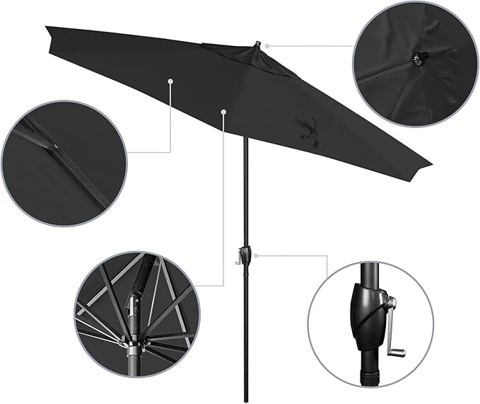 California Umbrella 9' Rd Aluminum Patio Umbrella, Crank Lift, Auto Tilt, Black Finish, 4yr Fade Warranty, Black