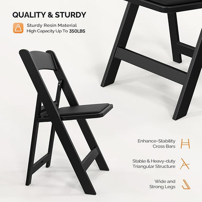 VINGLI Resin Folding Chairs with Cushion, Foldable Plastic Chair with Comfortable Padded Seats, Perfect for Event Party Indoor Outdoor, Black, 4 PC