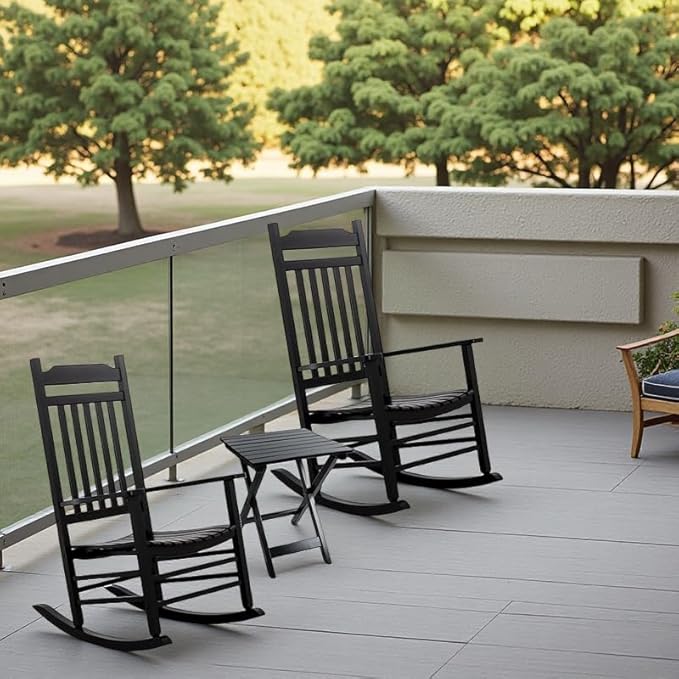 Patio Outdoor Rocking Chairs Small Foldable Side Table Set of 3 Piece Porch Wooden Rockers Folding End Table Furniture Indoor Outside Balcony Lawn and Bistro, Black