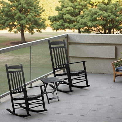 Patio Outdoor Rocking Chairs Small Foldable Side Table Set of 3 Piece Porch Wooden Rockers Folding End Table Furniture Indoor Outside Balcony Lawn and Bistro, Black
