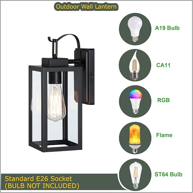 WISBEAM Black 13.7in Outdoor Wall Lantern for House, Black Outdoor Porch Sconce Light Fixture, E26 Base 60W Max, Metal Housing Plus Glass, ETL Qualified, Bulbs not Included