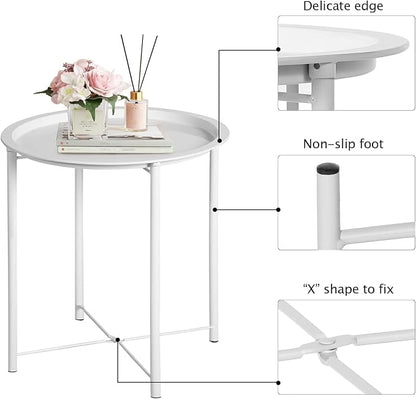 VECELO Side/End Table, Folding Round Metal Anti-Rust and Waterproof Outdoor or Indoor Tray for Living Room Bedroom Balcony and Office, 1 PCS, Beige