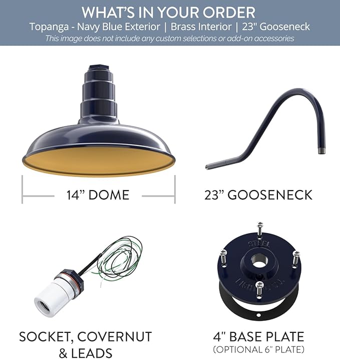 Steel Lighting Co. Topanga Barn Light | Outdoor Wall Mounted | 14 inch Dome | 23" Gooseneck | Farmhouse Garage Light Made in America | Navy Blue Exterior/Brass Interior
