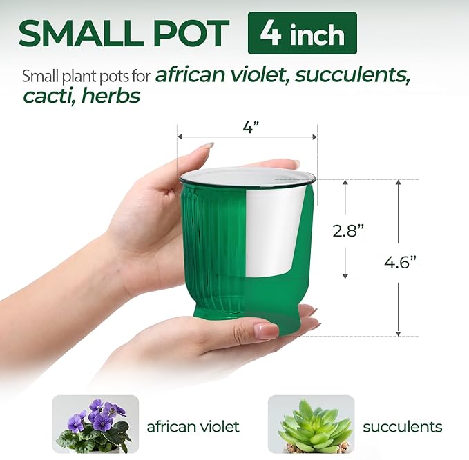 T4U 4 Inch Self Watering Plant Pot, 4 Pack Self Watering Pots, Small Self Watering Planter with Reservoir for Indoor Plants, African Violets (4 Pack 4" Pots, Translucent Green)