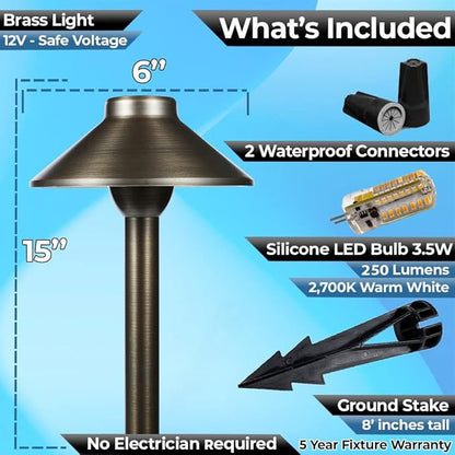 LED Pathway 124 Landscape Light (6 Pack) 12V Solid Brass Low Voltage LED Light G4 3.5W 2700K Bulb Outdoor Mushroom Security Garden Patio Deck Pool Area Light for Beautiful Bright