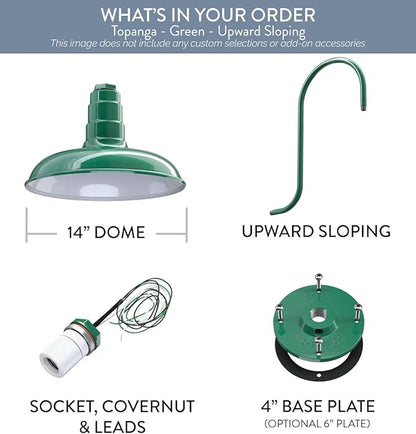 Steel Lighting Co. Topanga Barn Light | Outdoor Wall Mounted | Farmhouse Garage Light Made in America | 14 inch Dome | Upslope Gooseneck | Green Exterior/White Interior