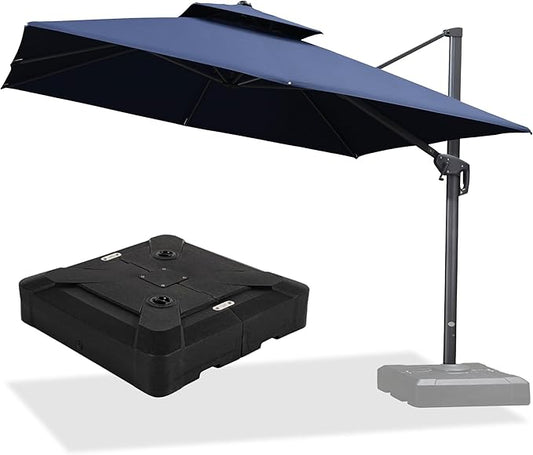 PURPLE LEAF 10ft Outdoor Cantilever Umbrella Base Included Large Patio Umbrella Double Top Square Offset Umbrella with 360°Rotation Tilting for Patio Navy Blue