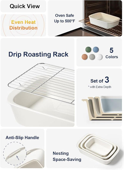 LE TAUCI Deep Casserole Dishes for Oven, 13.7”x9.6” Ceramic Baking Dish Set with Roasting Racks, Large Lasagna Pans with Handles, Rectangular Bakeware as Gift for Mom, White (4.6QT/3.0QT/1.6QT), Set of 3