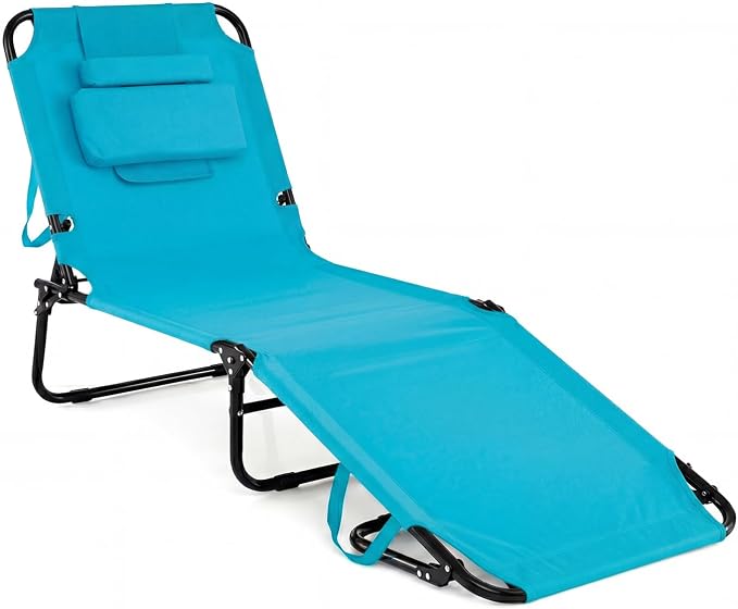 Folding Beach Lounge Chair w/ 5 Adjutable Backrest & Padded Pillow, Sunbathing Lounger Chair, Sun Tanning Lay Flat Chair for Seaside Pool Deck, Max Load 330 LBS, No Assembly Required (Navy)