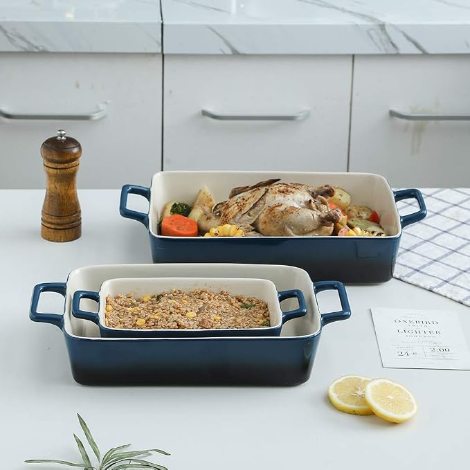 KOOV Bakeware Set, Ceramic Baking Dish, Rectangular Baking Pans Set, Casserole Dish for Cooking, Cake Dinner, Kitchen, Wrapping Upgrade, 12 x 8.5 Inches, 3-Piece (Gradient Blue)