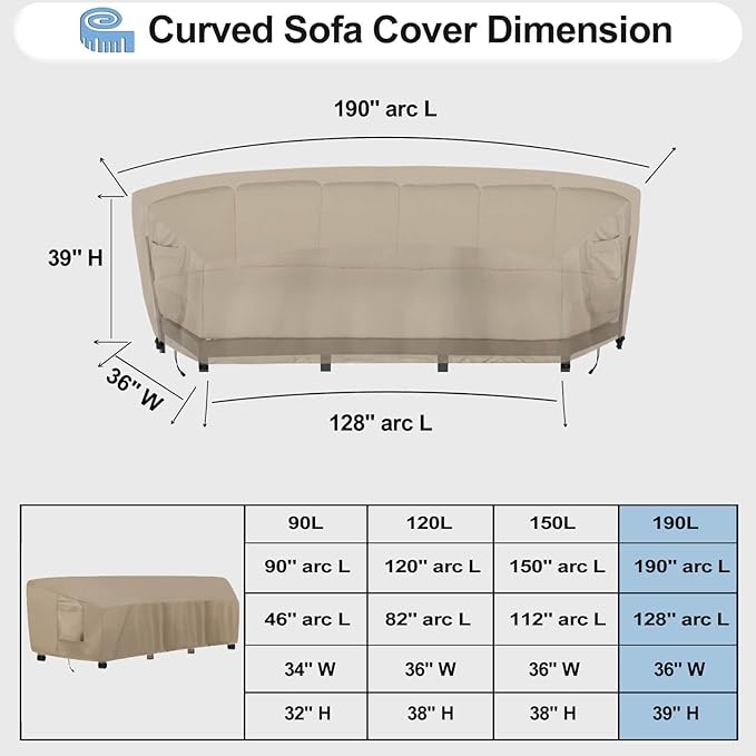 OutdoorLines Waterproof Curved Outdoor Sectional Cover - UV Resistant Windproof Patio Sectional Sofa Covers for Deck, Lawn and Backyard, Heavy Duty Furniture Covers (190Lx36Dx39Hx128FL, Camel)
