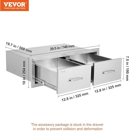 VEVOR Outdoor Kitchen Drawers 30" W x 10" H x 20" D, Horizontal Double BBQ Access Drawers Stainless Steel with Handle, BBQ Island Drawers for Outdoor Kitchens or Patio Grill Station