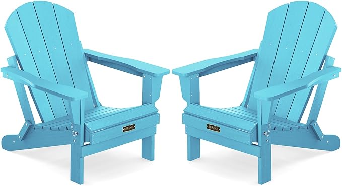 SERWALL Folding Adirondack Chair Weather Resistant Patio Chair Outdoor Chairs Painted Adirondack Chairs Set of 2 - Aruba Blue