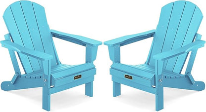 SERWALL Folding Adirondack Chair Weather Resistant Patio Chair Outdoor Chairs Painted Adirondack Chairs Set of 2 - Aruba Blue