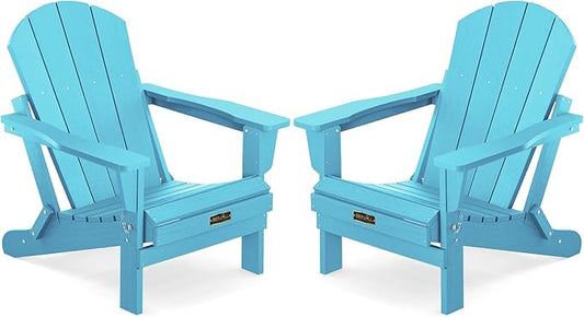 SERWALL Folding Adirondack Chair Weather Resistant Patio Chair Outdoor Chairs Painted Adirondack Chairs Set of 2 - Aruba Blue