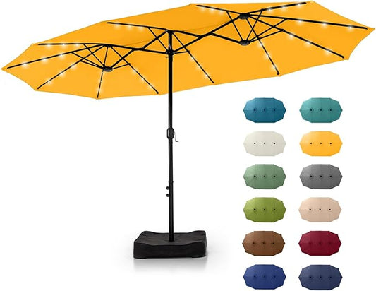 GREEN PARTY 15 ft Rectangle Patio Umbrella with Solar Lights and Base Included, Double-Sided Market Table Umbrella with Crank, Large Outdoor Umbrellas for Patio Poolside Garden Backyard, Gold Yellow