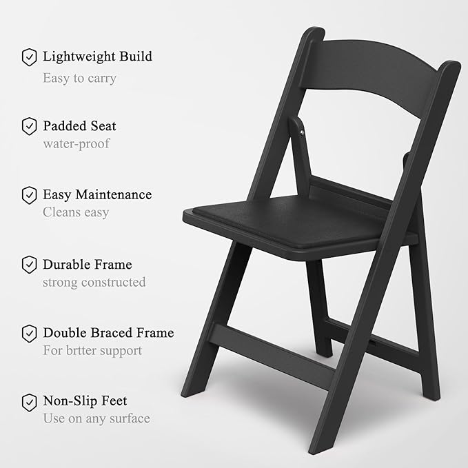 Nazhura Garden and Patio Folding Chair Set of 4 for Events and Wedding, Lightweight with Padded Seat, Water-Proof, Double Braced Frame, Non-Slip Feet, 900LB Capacity (Black)