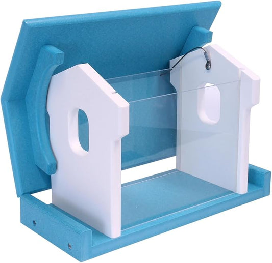 AmishToyBox.com Bluebird Feeder - Poly Lumber - Hanging Blue Bird Feeder for Mealworms (Aruba Blue and White)