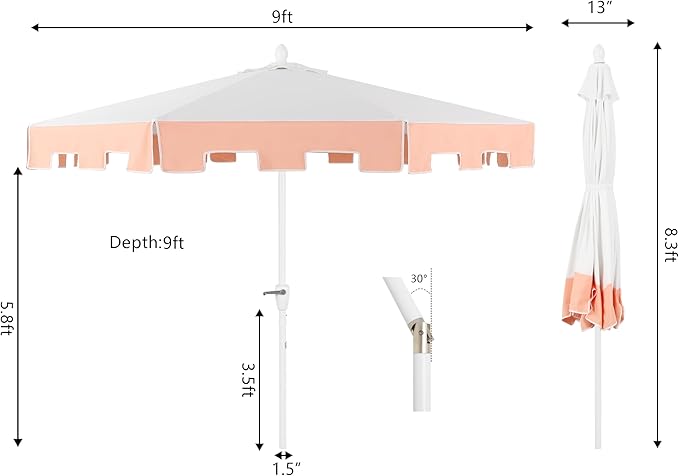 JONATHAN Y UMB1000C Baiona 9 ft. Classic MidCentury Market Patio Umbrella with UV Protection, Auto-Tilt, Crank and Wind Vent in White/Coral Pink