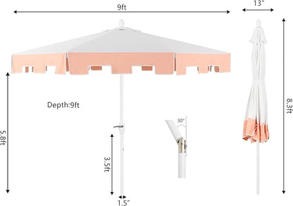 JONATHAN Y UMB1000C Baiona 9 ft. Classic MidCentury Market Patio Umbrella with UV Protection, Auto-Tilt, Crank and Wind Vent in White/Coral Pink